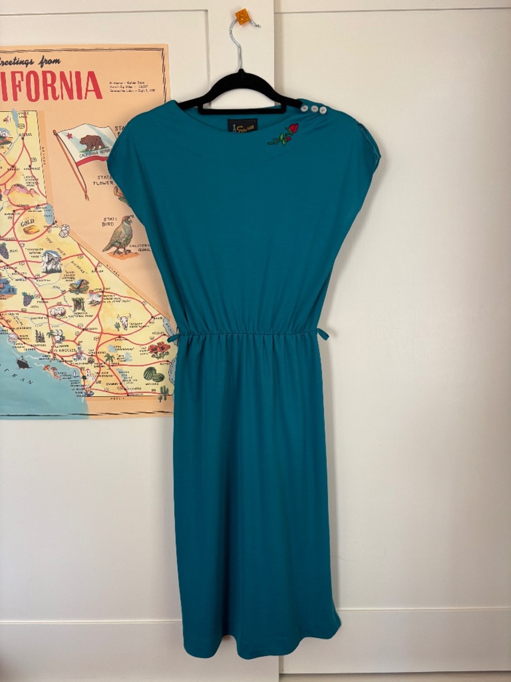 Vintage turquoise midi dress w/cap shoulders, small rose detail